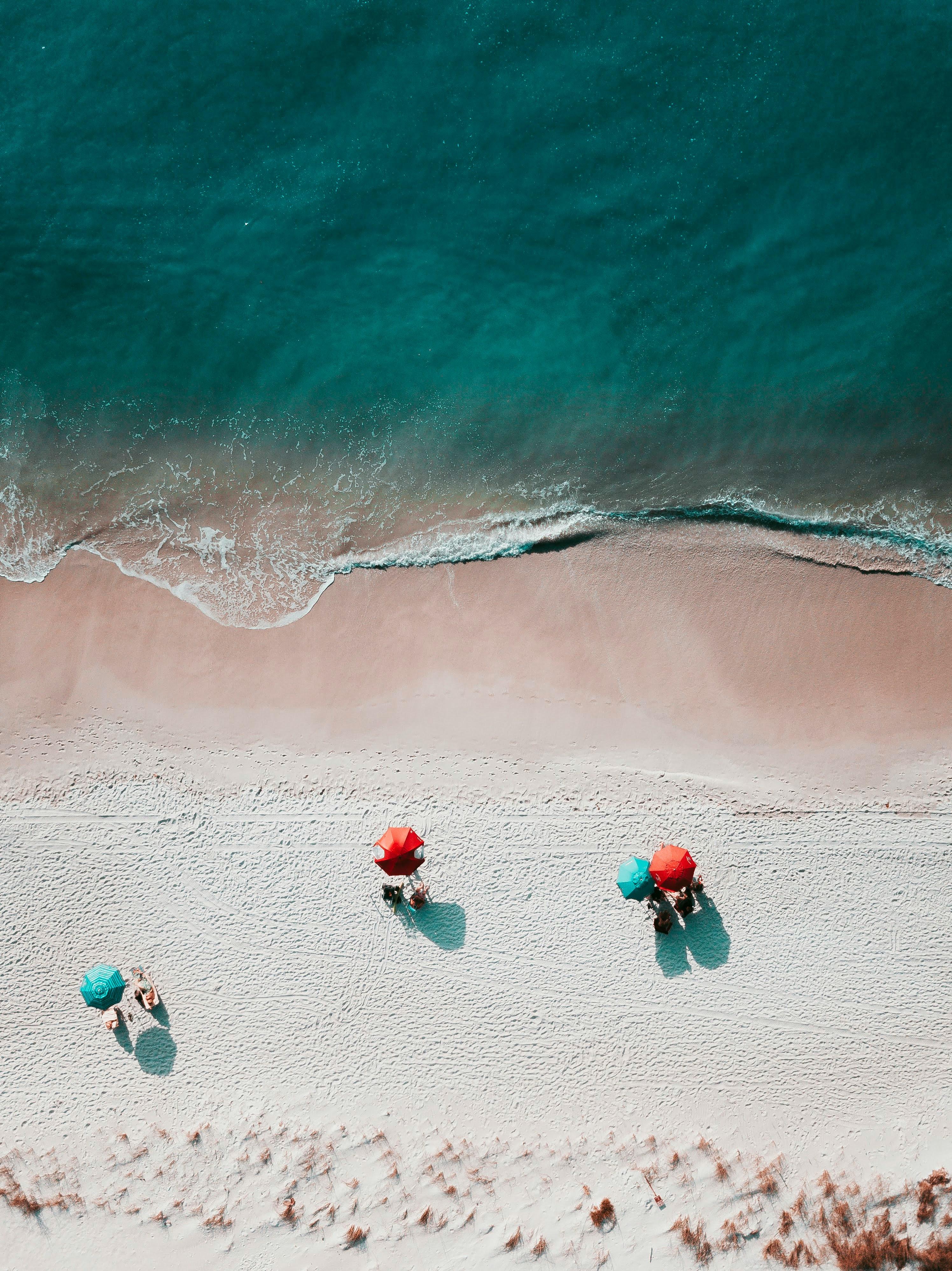 Whiteshored beach with beachgoers under umbrellas.